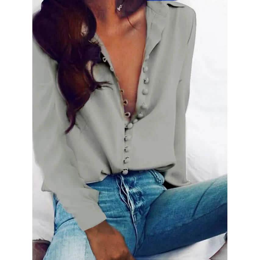 Women's Blouse Shirt Solid Colored Long Sleeve Button V Neck Basic Tops