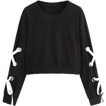 Women's Casual Lace-Up Long-Sleeved Pullover Crop Top Sweatshirt