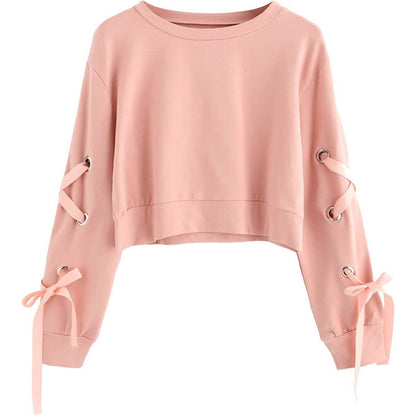 Women's Casual Lace-Up Long-Sleeved Pullover Crop Top Sweatshirt