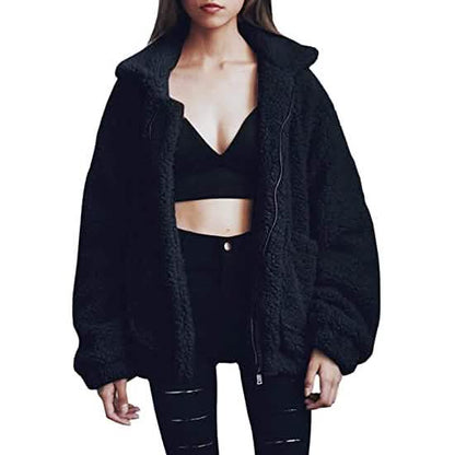 Women's Casual Lapel Fleece Fuzzy Faux Shearling Zipper Coat