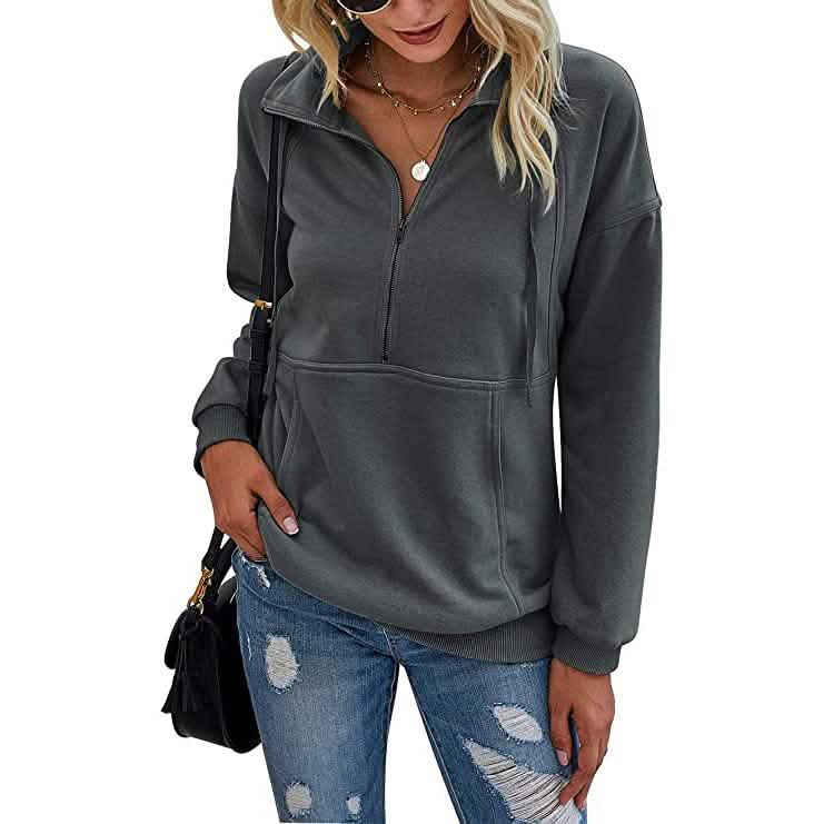 Women's Casual Long Sleeve Lapel Zipper Drawstring Loose Pullover Tops