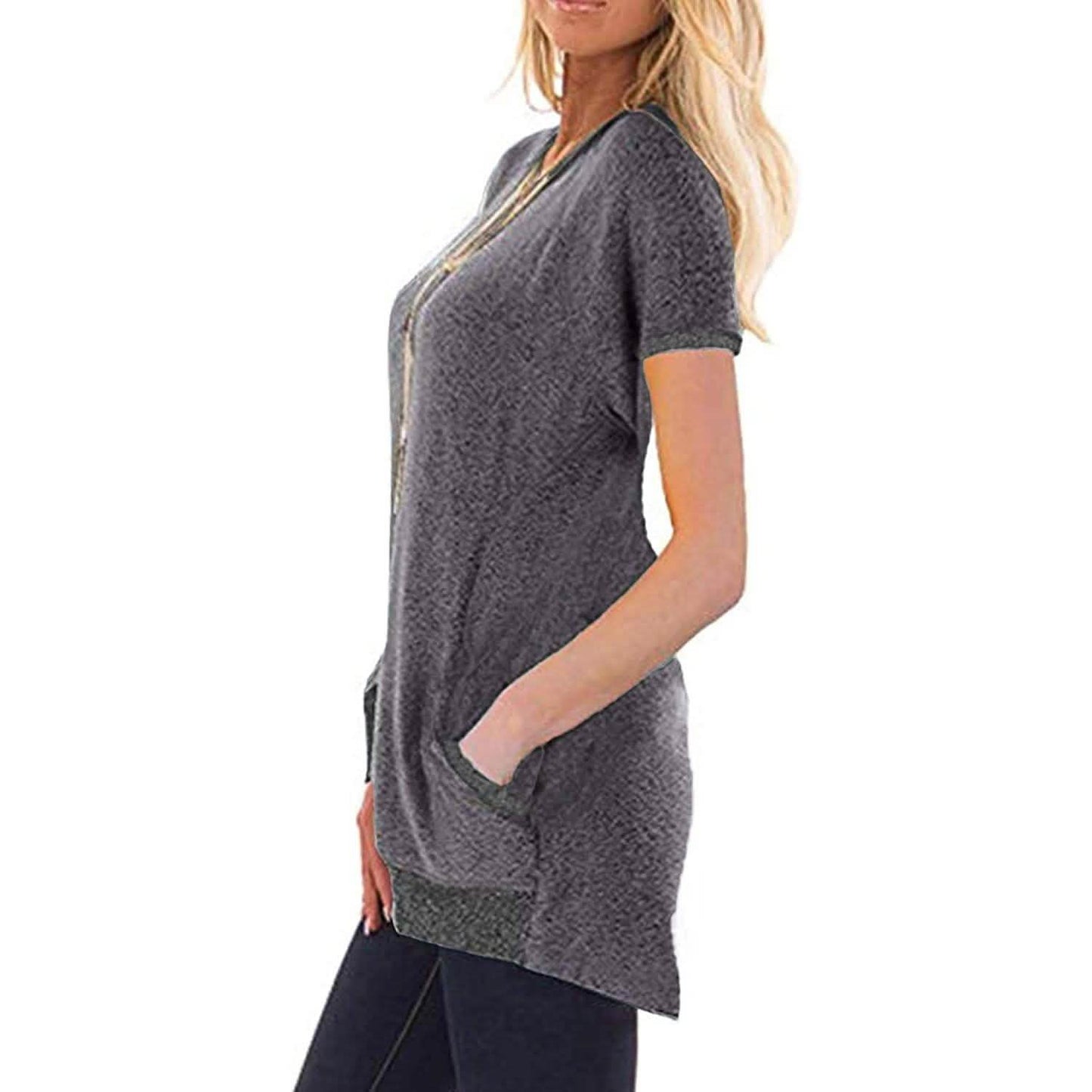 Women's Color Block Short Sleeve Lightweight Knit Sweatshirts with Pockets