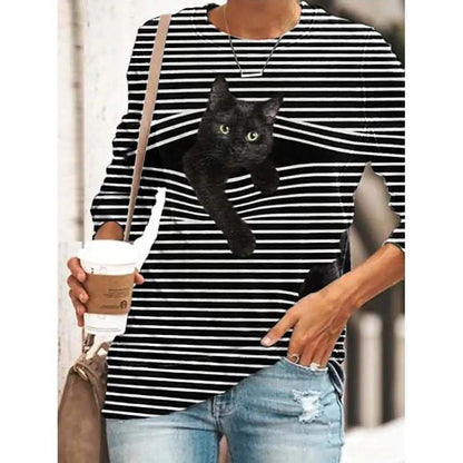 Women's Halloween Tunic T shirt Striped Cat 3D Cartoon Long Sleeve Print Round Neck