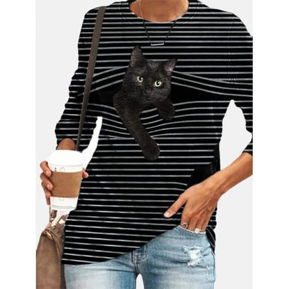 Women's Halloween Tunic T shirt Striped Cat 3D Cartoon Long Sleeve Print Round Neck