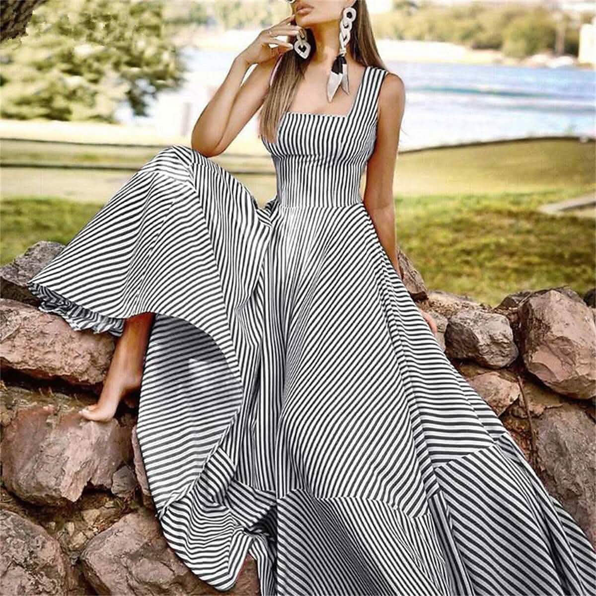 Women's Long A Line Striped Maxi Dress