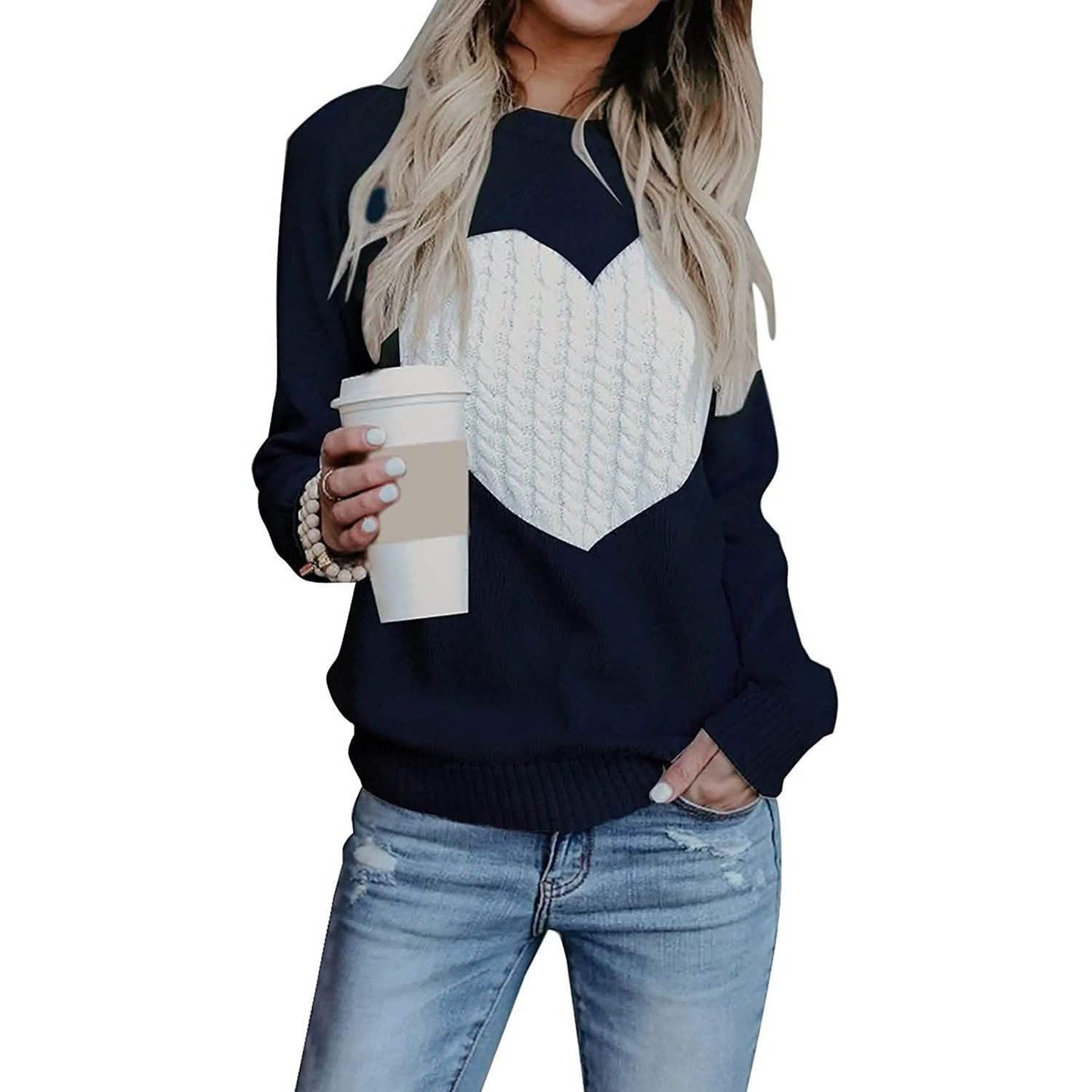 Women's Long Sleeve Crewneck Cute Heart Knitted Sweaters