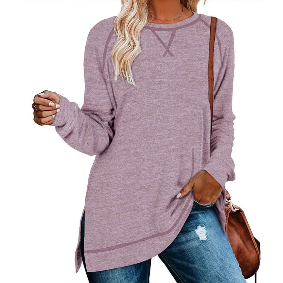 Women's Long Sleeve Loose Casual Autumn Pullover Side Slit Tunic Top