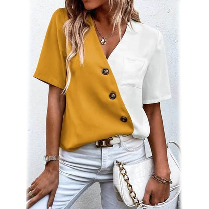 Women's Pocket Button V-Neck Short Sleeve Shirt