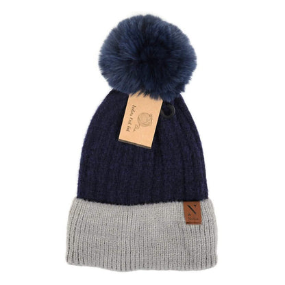 Women's Pom Pom Two-Tone Knit Winter Hat