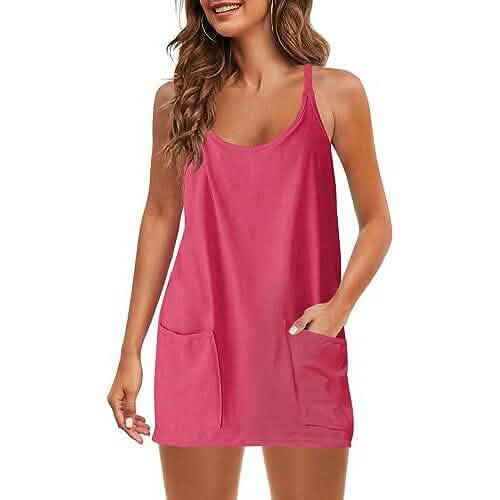 Womens Summer Sleeveless Mini Dress V Neck Spaghetti Strap with Pockets