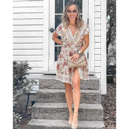 Women's Summer Wrap V Neck Bohemian Floral Print Mini Dress