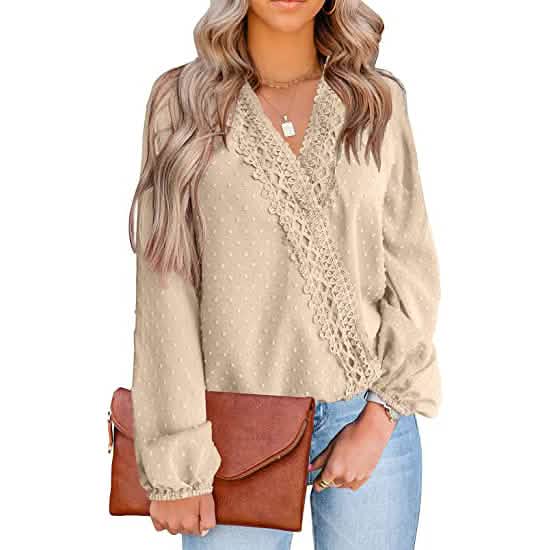 Women's V Neck Chiffon Lace Pom Pom Long Sleeve Top