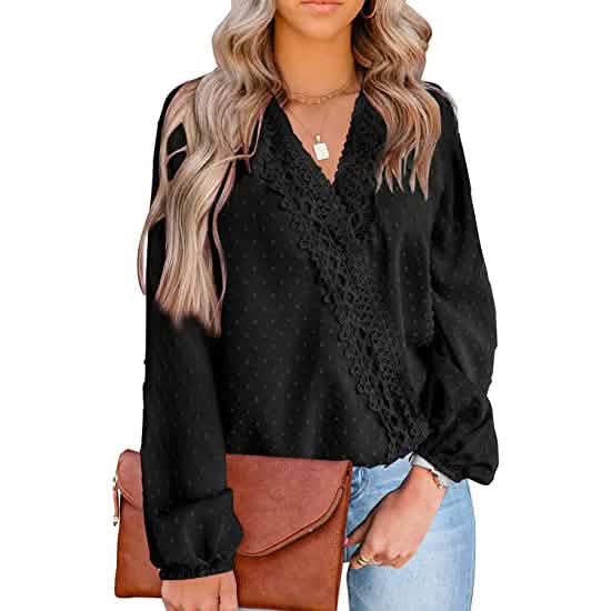 Women's V Neck Chiffon Lace Pom Pom Long Sleeve Top
