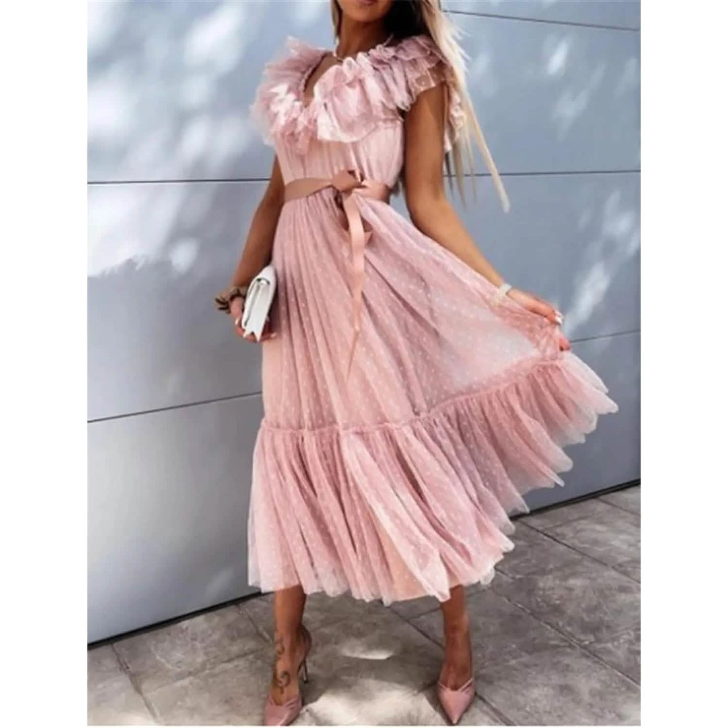 Women's V-Neck Solid Pleated Dress