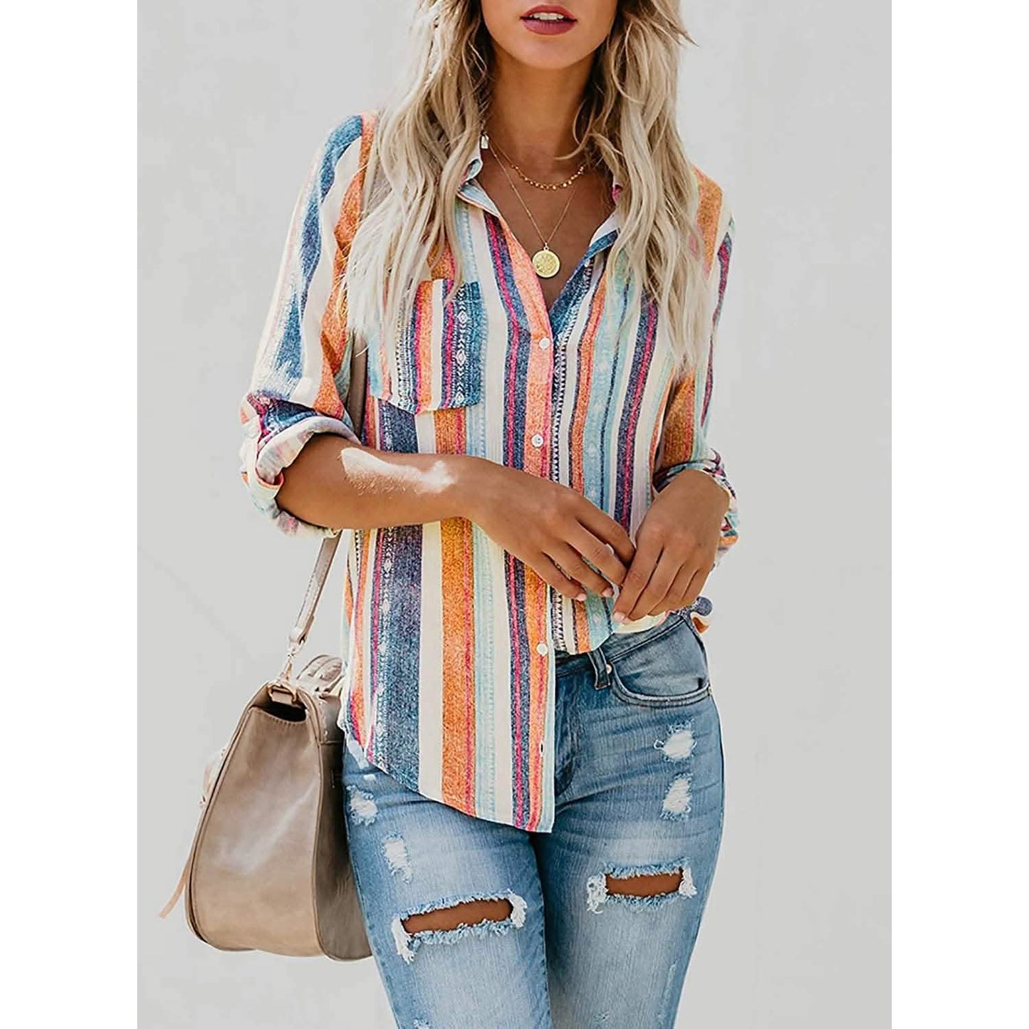 Women's V-Neck Striped Roll-Up Cuff Shirt
