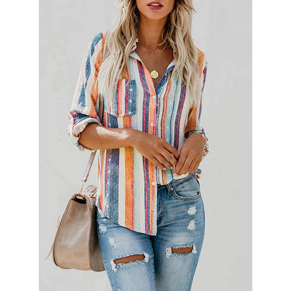 Women's V-Neck Striped Roll-Up Cuff Shirt