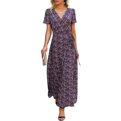 Women's Wrap V Neck Maxi Dresses Short Sleeve Split Casual Long Dress