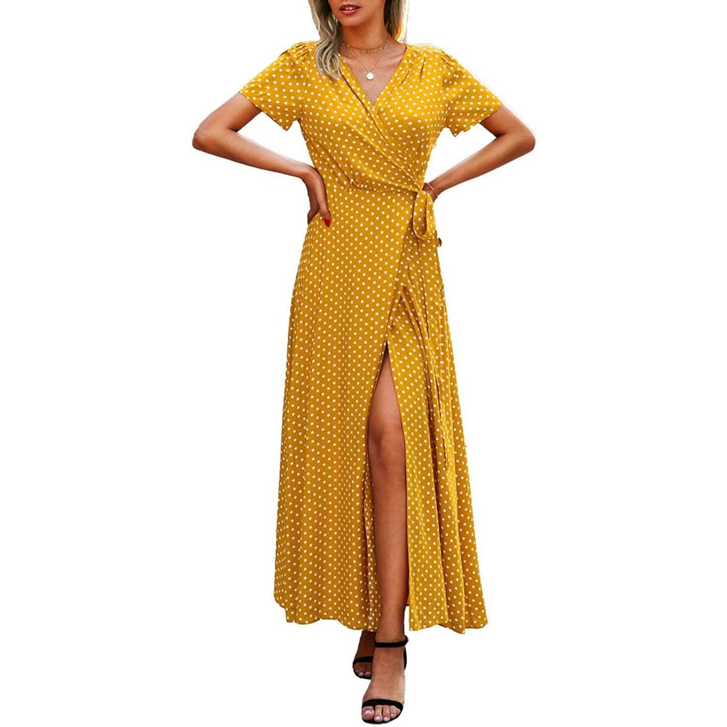 Women's Wrap V Neck Maxi Dresses Short Sleeve Split Casual Long Dress